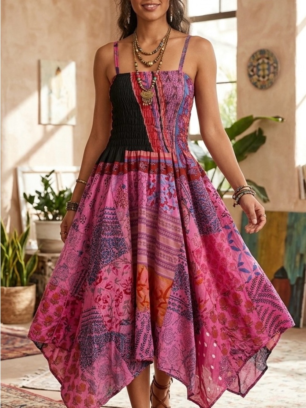 Boho Patchwork Smocked Midi Dress | 100% Cotton | Made in India